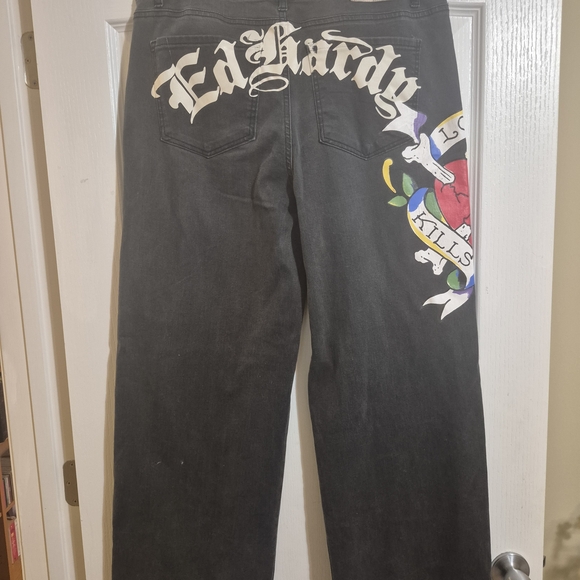 Ed Hardy Black WIDE Straight Leg Jeans with Heart Graphic 34 X 30 - Picture 5 of 11